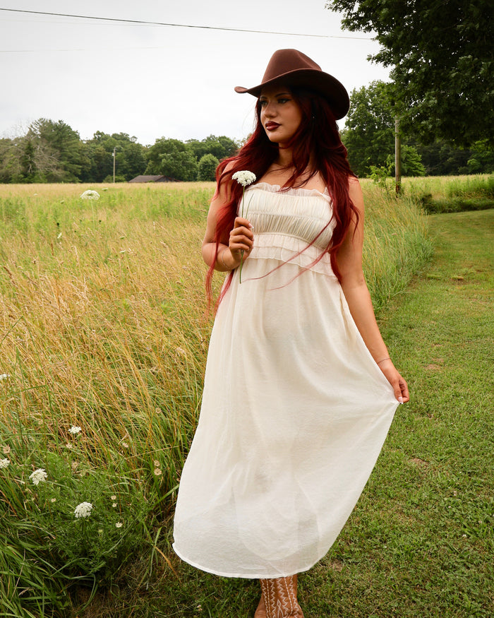 Cinched & Ruffled Side Tie Maxi Dress