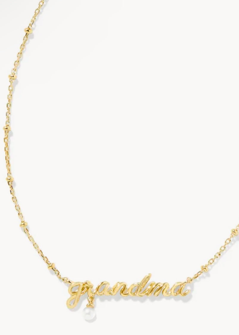 Kendra Scott Grandma Gold Script Necklace with White Pearl