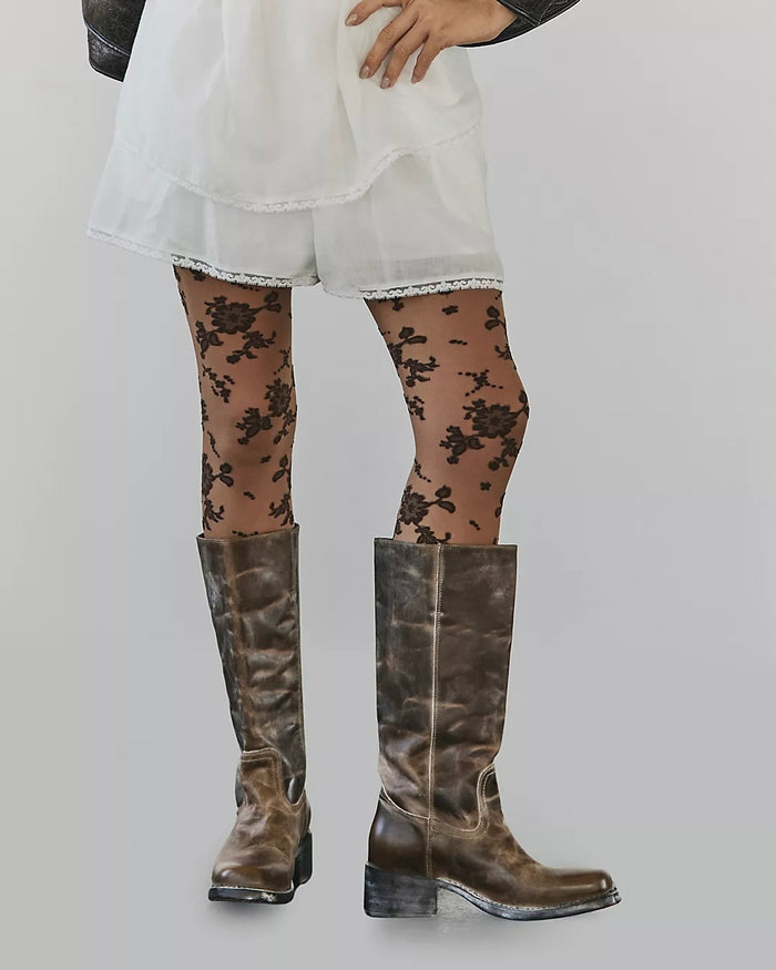 Free People Black Flocked Floral Tights