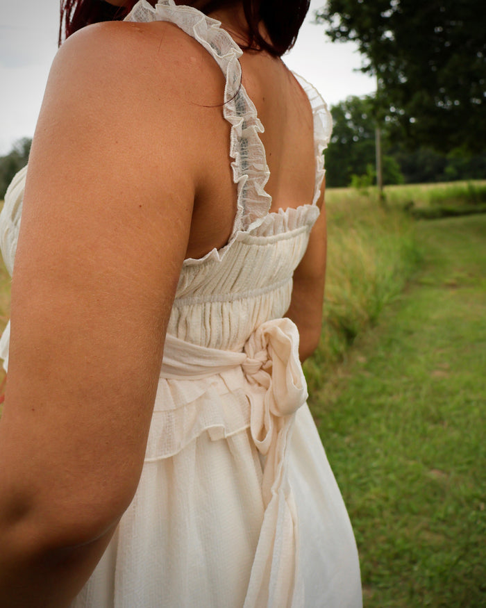 Cinched & Ruffled Side Tie Maxi Dress
