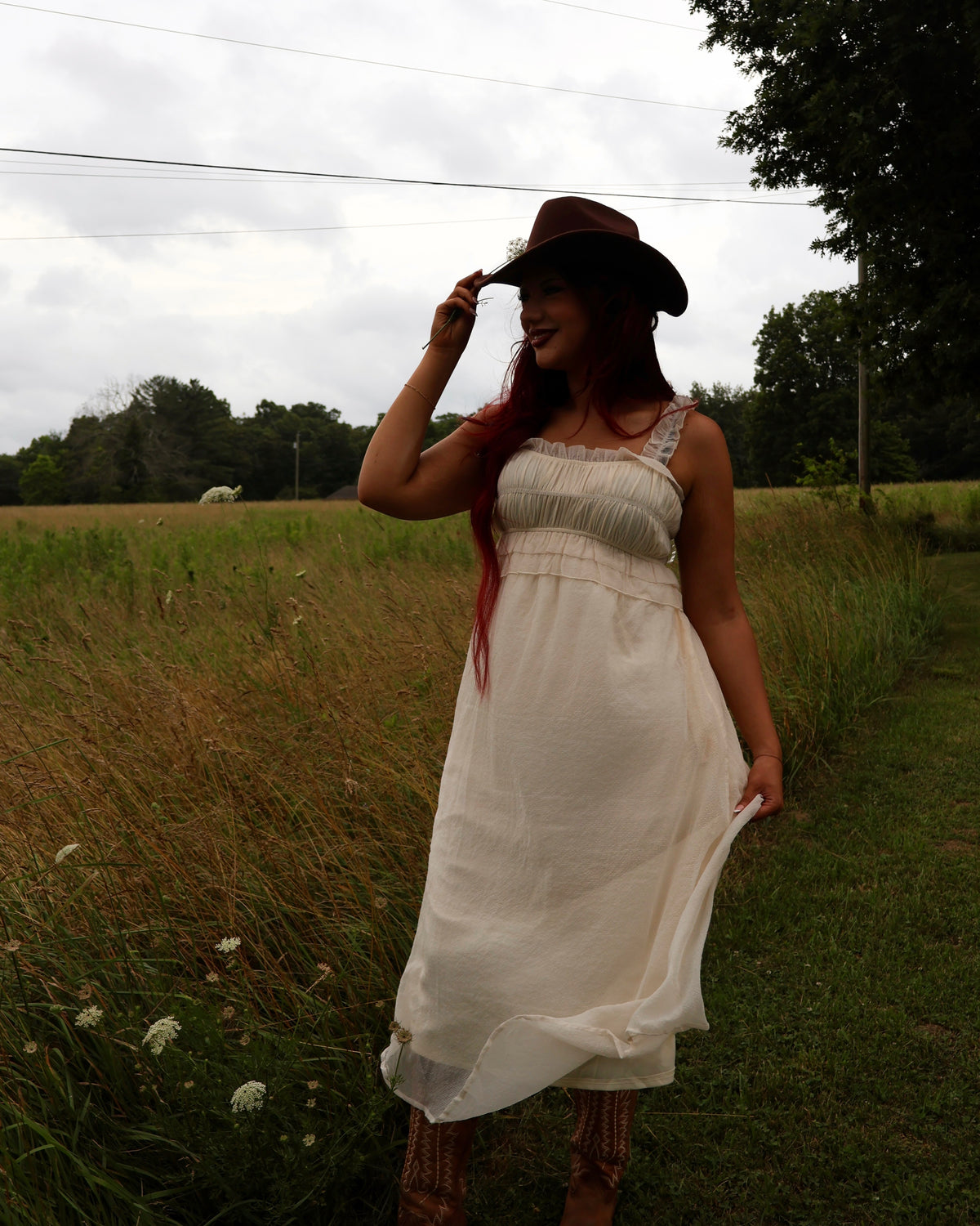 Cinched & Ruffled Side Tie Maxi Dress