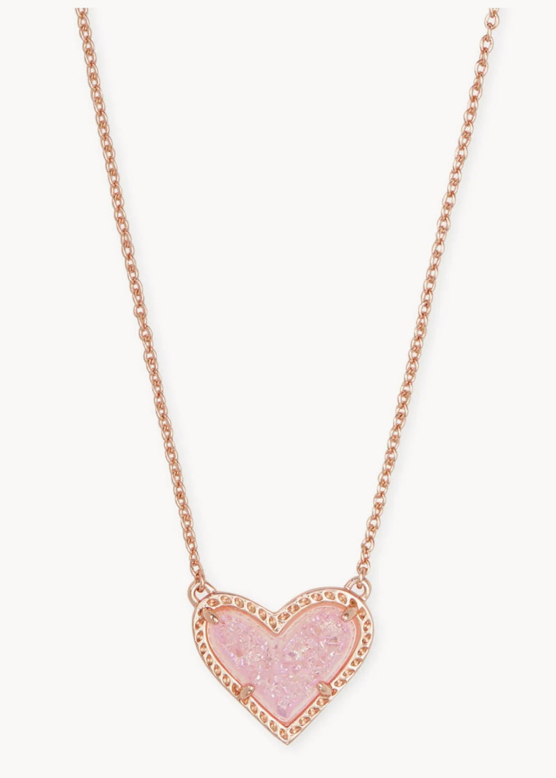 Kendra Scott Ari Heart Rose Gold Pendant Necklace in Light Pink Drusy