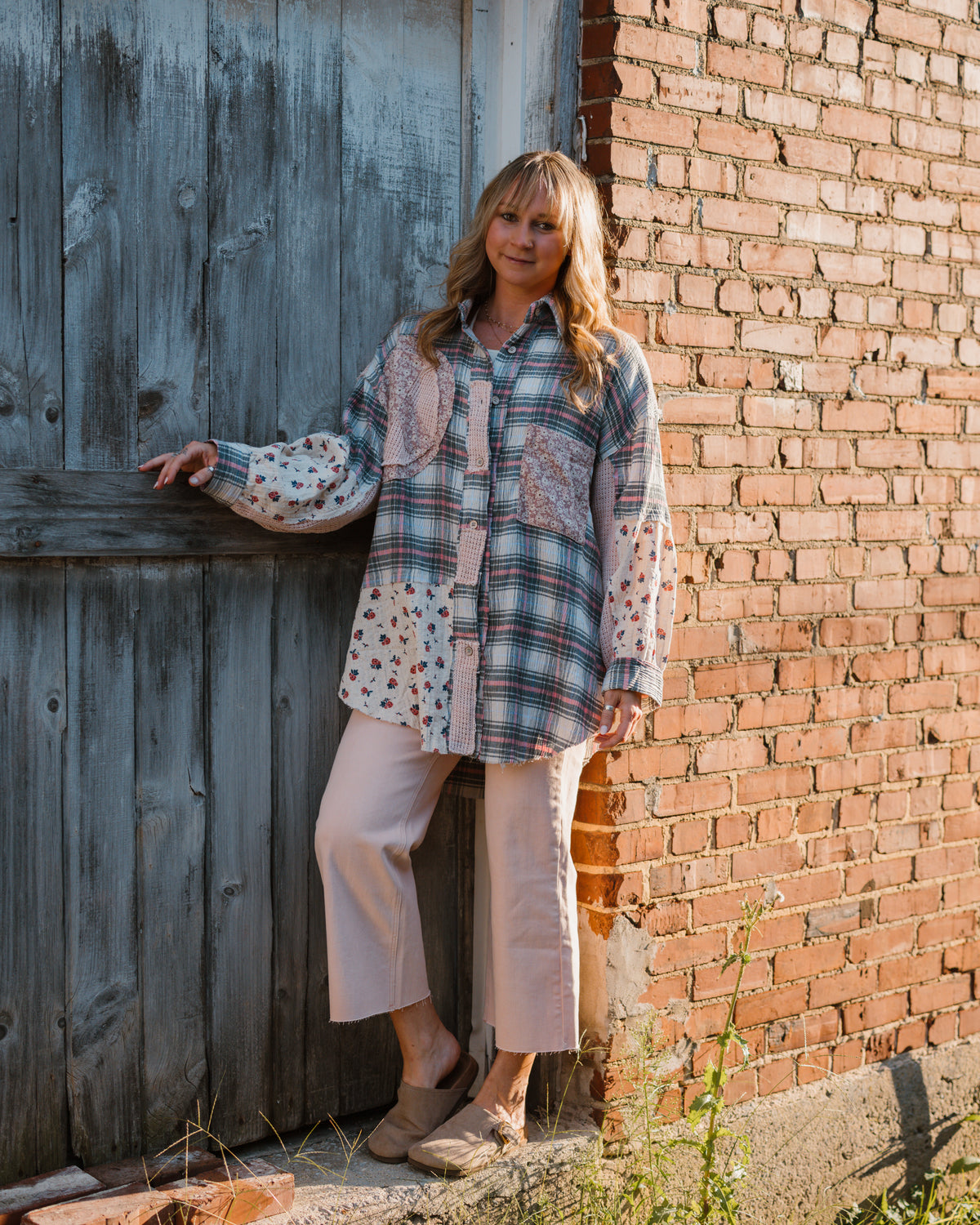 Pink Peaces Plaid Mixed Button Up