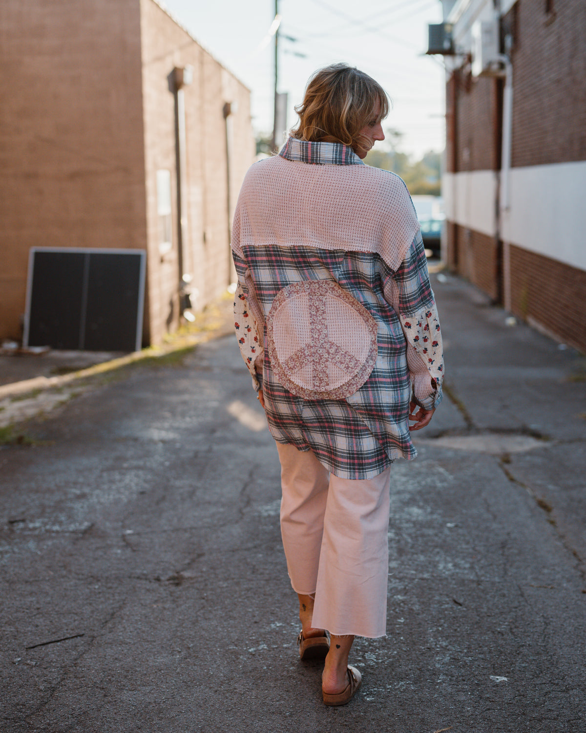 Pink Peaces Plaid Mixed Button Up