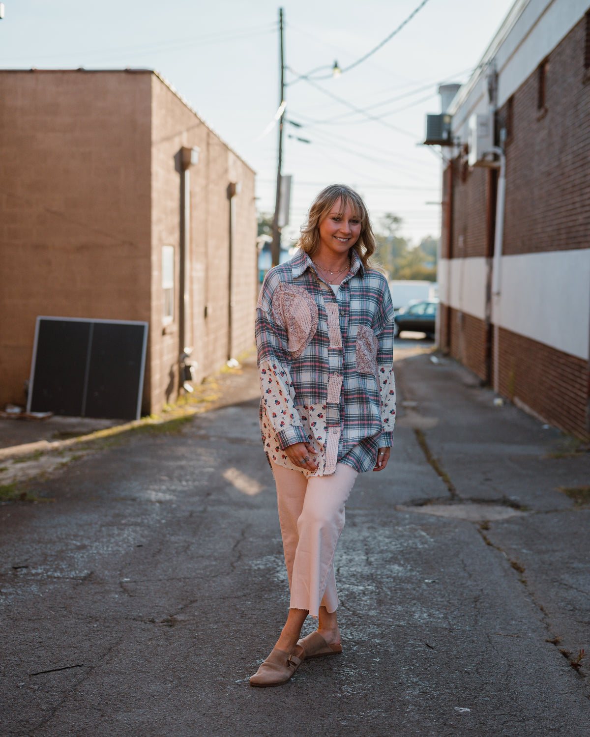 Pink Peaces Plaid Mixed Button Up