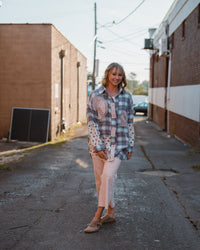 Pink Peaces Plaid Mixed Button Up