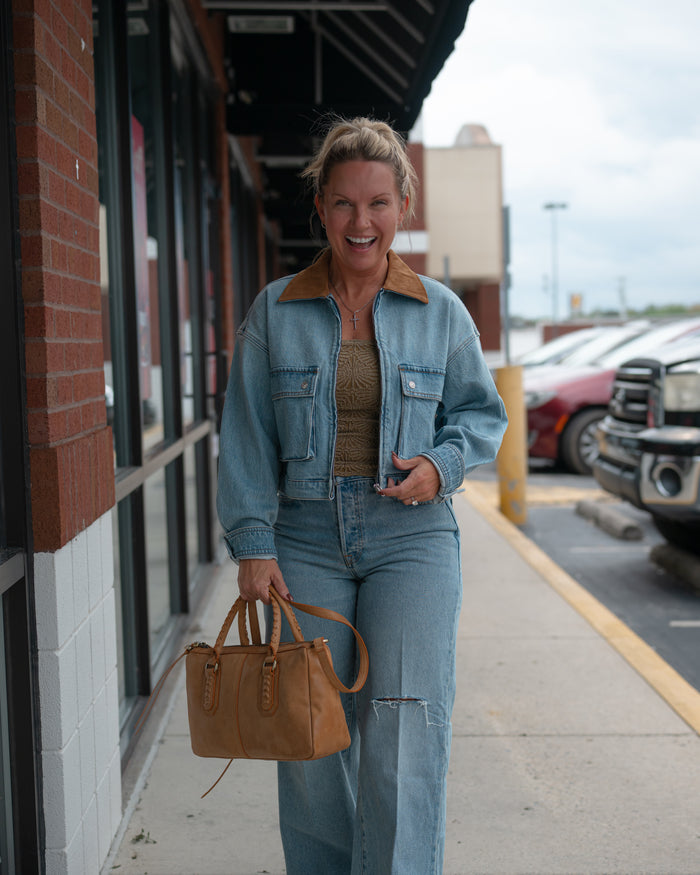 Good American The Denim Swing Cropped Jacket