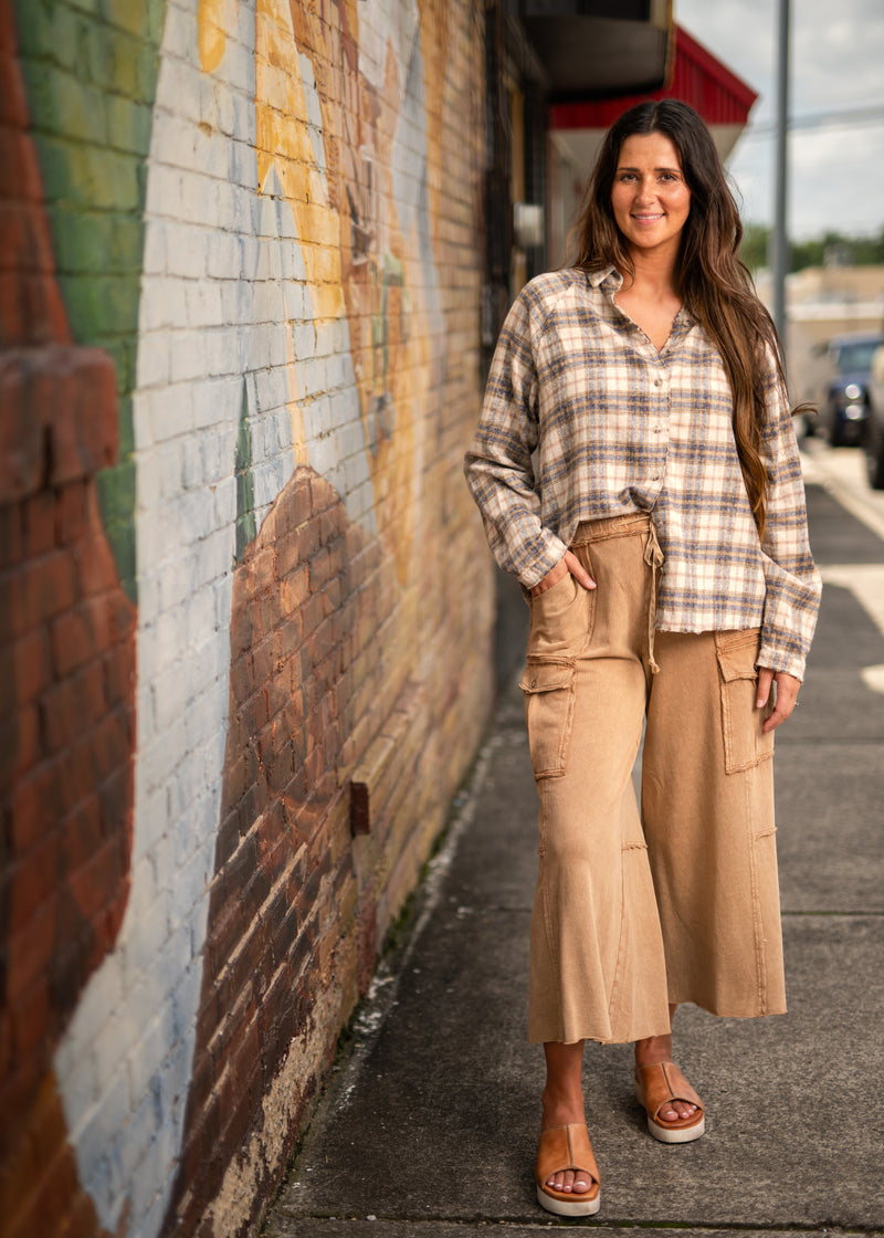 Navy Sand Plaid Button Up