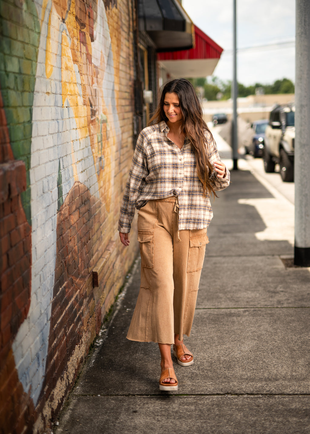 Navy Sand Plaid Button Up